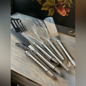 Le Creuset stainless steel hanging kitchen utensils whisk spatula peeler